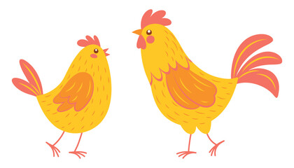 Cute illustrations of vibrant chicken and rooster in a red, yellow and orange colours. Flat vector illustrations isolated on a white background. 