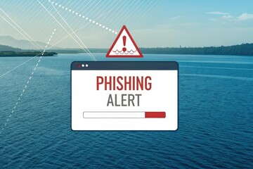 Phishing Alert with Red Triangle Icon over Blue Water Background