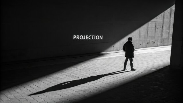 Person with long shadow walking in projected light