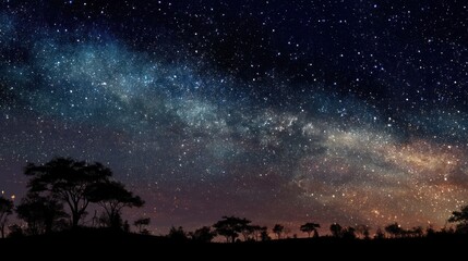 Naklejka premium A starry night sky with a silhouette of a tree and a few trees in the foreground, with a vast expanse of stars and a Milky Way-like galaxy in the background.