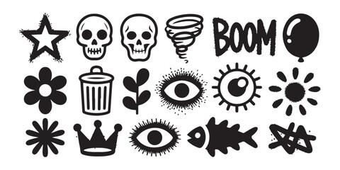 Set of distressed hand drawn doodle elements including star skull tornado boom balloon trash flower eye fish and crown