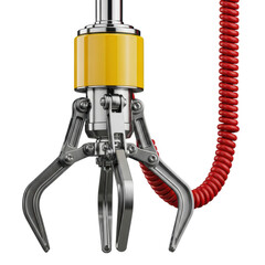 Naklejka premium Macro product shot of an intricate chrome arcade claw mechanism with vibrant red coiled cable and yellow housing, isolated on a transparent background. Concept of precise mechanical engineering