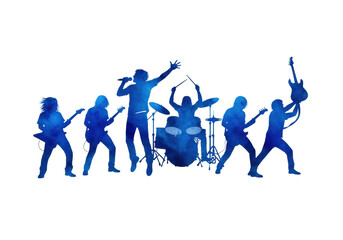intense blue watercolor silhouette illustration of five dynamic rock band members (singer, drummer, guitarists) performing against transparent copy space, concept of powerful live music energy