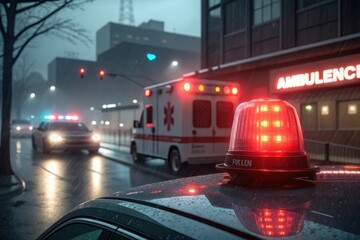 Red Flashing Emergency Light on Police Car in City at Night