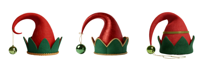 Three red and green elf hats isolated on transparent background