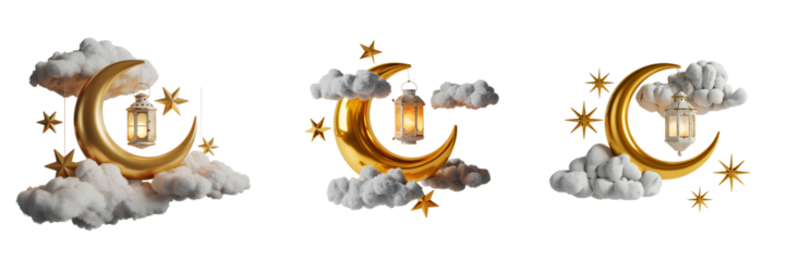 Golden crescent moons with lanterns and clouds isolated on transparent background