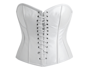  A white corset shown from a side angle, highlighting the lacing and metal eyelets, gentle shadows enhancing the contour, transparent background.
