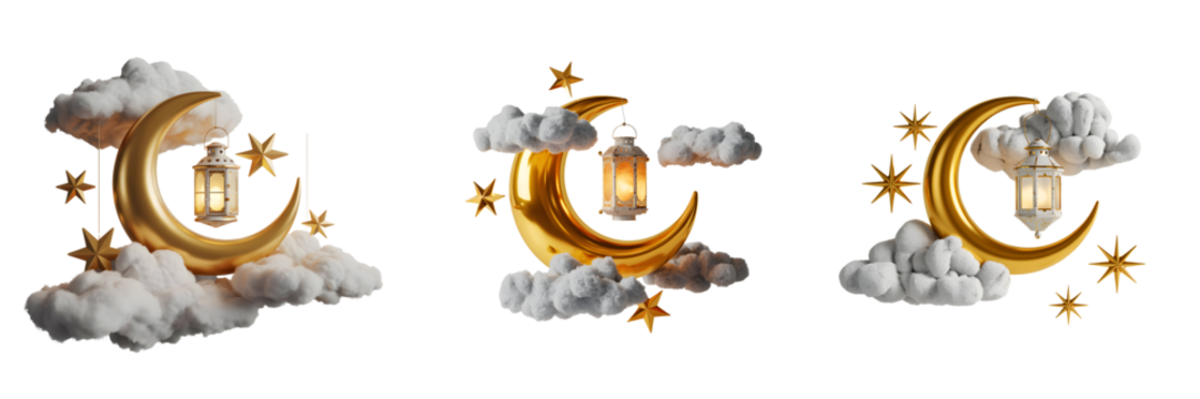 Golden crescent moons with lanterns and clouds isolated on transparent background