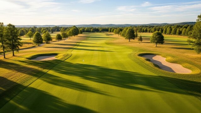 Lush Golf Course Fairway With Sand Traps and Trees