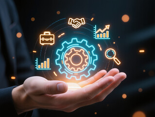Business process management and workflow automation diagram with gears and icons with connection line network in background. Manager touching interface