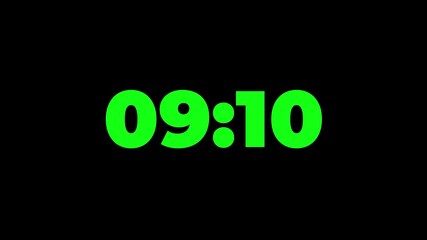 Digital countup clock timer in zero second to 10 minute. White text number on isolated black background. Element for overlay concept. 10 minute countdown timer with black
