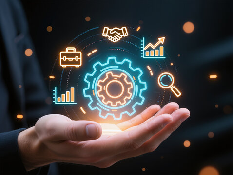 Business process management and workflow automation diagram with gears and icons with connection line network in background. Manager touching interface - Powered by Adobe