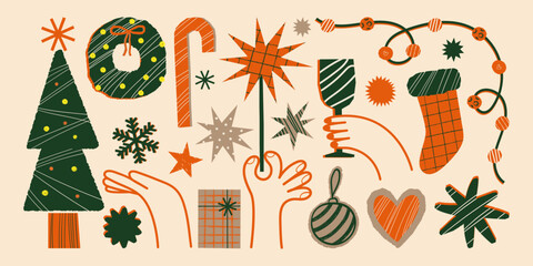 Christmas abstract cut-out shapes and decorations with ripped edges and crayon textures. Geometric winter holiday elements for collage, card, poster. Grunge vector design