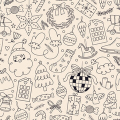 Seamless vector pattern with simple outline christmas decorations. Winter holiday contour icons scattered on background. Minimalistic new year texture for wallpaper, wrapping paper design