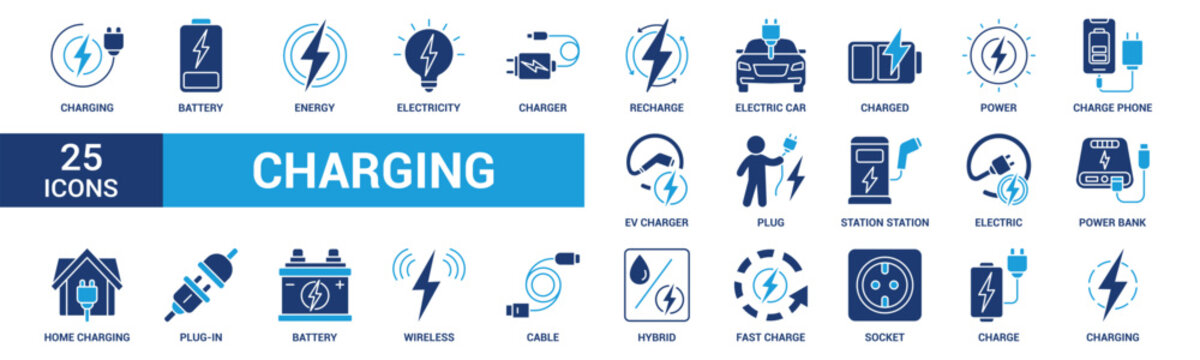 Charging icon set. Containing charge, battery, energy, electricity, charger, recharge, electric car and charging station icons. Solid icon collection. Vector illustration.