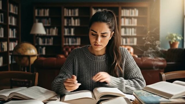 Quiet study session Student focused learns in library environment