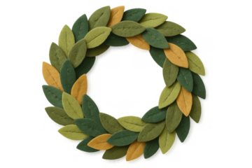 Circular felt leaf wreath in various green and yellow tones, forming a seasonal decoration with a transparent background