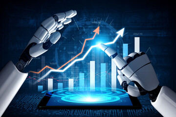 A conceptual image of a robot hand interacting with a digital tablet displaying graphs and data trends, symbolizing growth and advancement in technology and business. Scalp