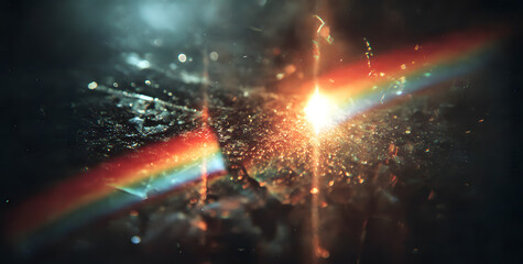 Fototapeta premium Old film light leaks texture with scratches, noise, iridescent light. Rainbow lens flare effect, camera film filter with bokeh, dust, grain. Distressed retro movie, photo burn effect. Vintage photo