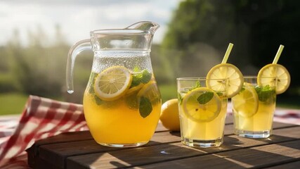 Refreshing lemonade on sunny patio invites summer relaxation outdoors