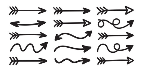 Diverse set of hand drawn arrows in various styles including classic, wavy, and pointed designs