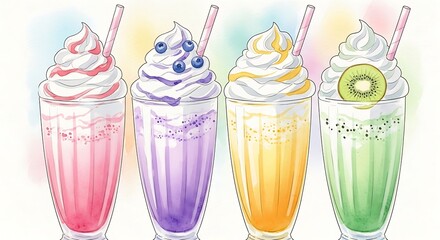 A vibrant watercolor illustration of four colorful fruit milkshakes.