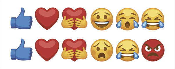 Social media reaction emoji collection set, isolated on white background with various emotional expressions