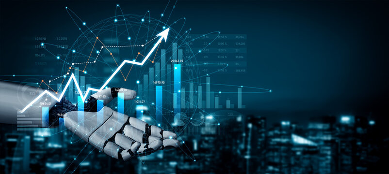 A robotic hand showcases upward-trending graphs and data visualizations against a city backdrop, representing digital business growth and technological advancement. Scalp