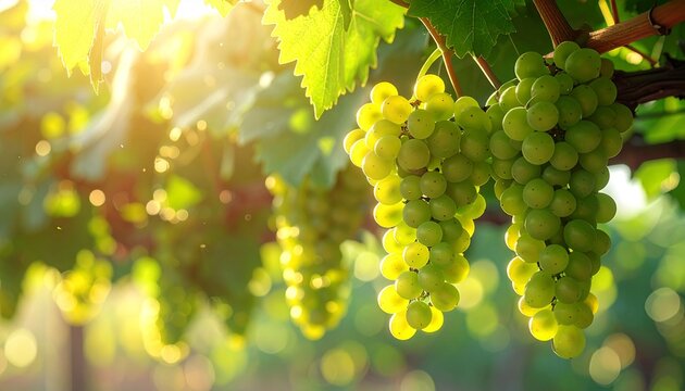 Ripe green grapes hanging on a vineyard trellis under natural sunlight, showcasing fresh fruit clusters and lush leaves.