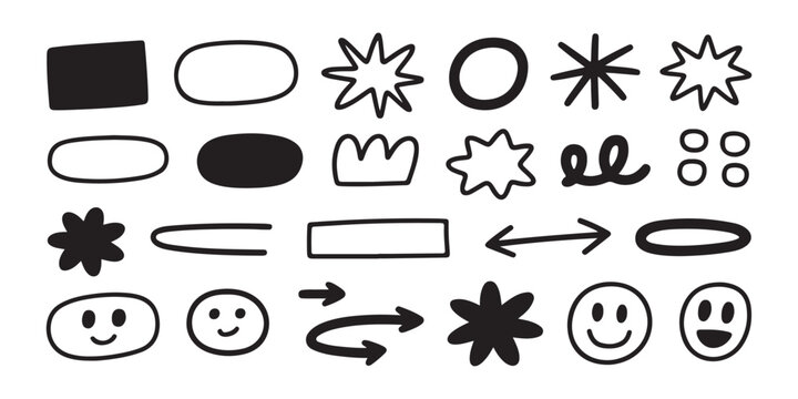 Set of black hand drawn doodle shapes stars and smiley faces isolated on white background