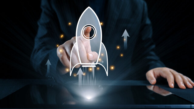 Startup launch and business growth concept, rocket symbolism, entrepreneurship, startup innovation, and early-stage success strategies for new business development and expansion. Elide