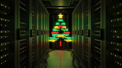 Server room corridor with LED status lights forming a Christmas tree pattern