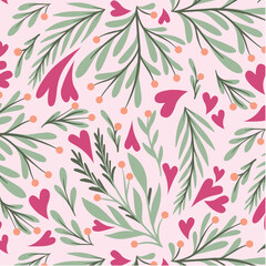 Romantic Botanical Valentine Pattern with Pink Hearts and Whimsical Green Foliage