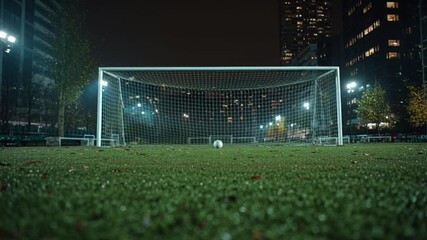 A close-up view of the white goal net on a lush green soccer field, perfect for themes related to football and the World Cup