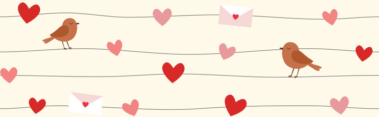 Beige Valentine Love Bird Banner with Hearts, Letters and Soft Wavy Lines