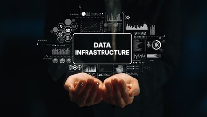 Hands Holding Data Infrastructure Concept with Digital Graphs and Analytics Background in Modern Business Environment. Asymptotic smart data analytic.