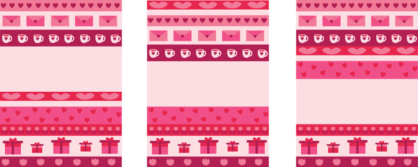 Pink Valentine Geometric Stripe Cards with Love Icons and Cute Romantic Borders