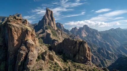 A rugged mountain range with sharp peaks and rocky terrain, featuring a prominent rocky outcrop in the foreground and a dramatic sky with scattered clouds.
