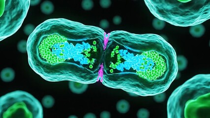 Microscopic view of a cell undergoing binary fission, a form of asexual reproduction.