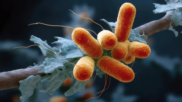 Rod-shaped bacteria observed on a plant surface under a colored scanning electron microscope during a close examination of microbial life