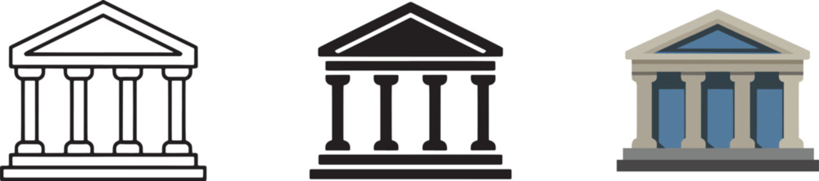 Neoclassical building icon set representing justice finance government museum outline silhouette flat styles vector.