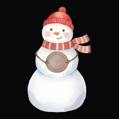 Cute Snowman Discus Thrower Watercolor, Isolated on Black Background, Vector Illustration

