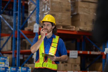Warehouse man worker wearing safety gear using walkie-talkie and digital tablet to coordinate warehouse tasks. Concept of logistics communication, smart inventory control and real time operations.