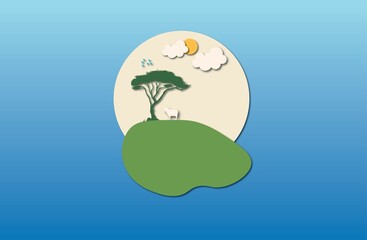 Simple 3D illustration of a green tree, a sheep under the tree, and a bird flying in front of a yellow sun, all on a blue background