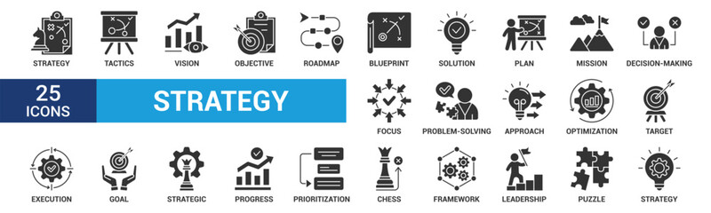 Strategy icon set. Containing goal, tactics, vision, plan, objective, roadmap, problem-solving, mission, solution and execution. Glyph vector icons collection.