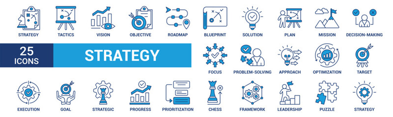 Strategy icon set. Containing goal, tactics, vision, plan, objective, roadmap, problem-solving, mission, solution and execution. Blue vector icons collection.