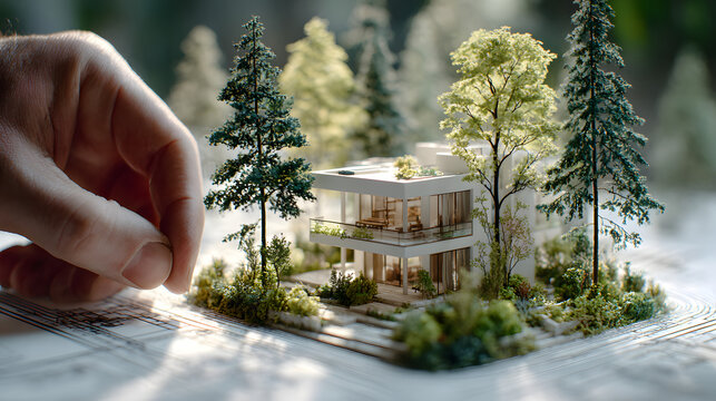 Right hand pinching top edge of miniature white building model on architectural layout with trees and soft natural light, conveying planning and creative decision