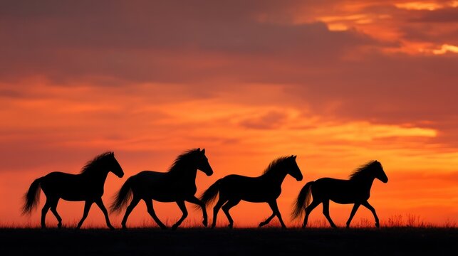 Four horses galloping across a grassy field at sunset, silhouetted against a vibrant orange and pink sky. - Powered by Adobe