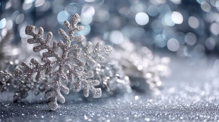 A silver snowflake with glittery texture and bokeh background