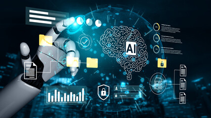 A robotic hand interacts with a digital interface, depicting themes of artificial intelligence, data security, and technological advancement in a modern environment. Gantry